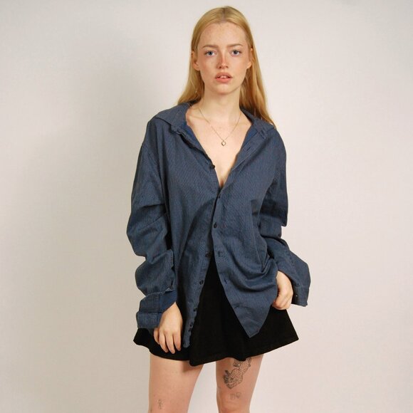 Y2K Striped Button Up (L) blue large vintage navy slim fit business casual fall - Picture 1 of 8